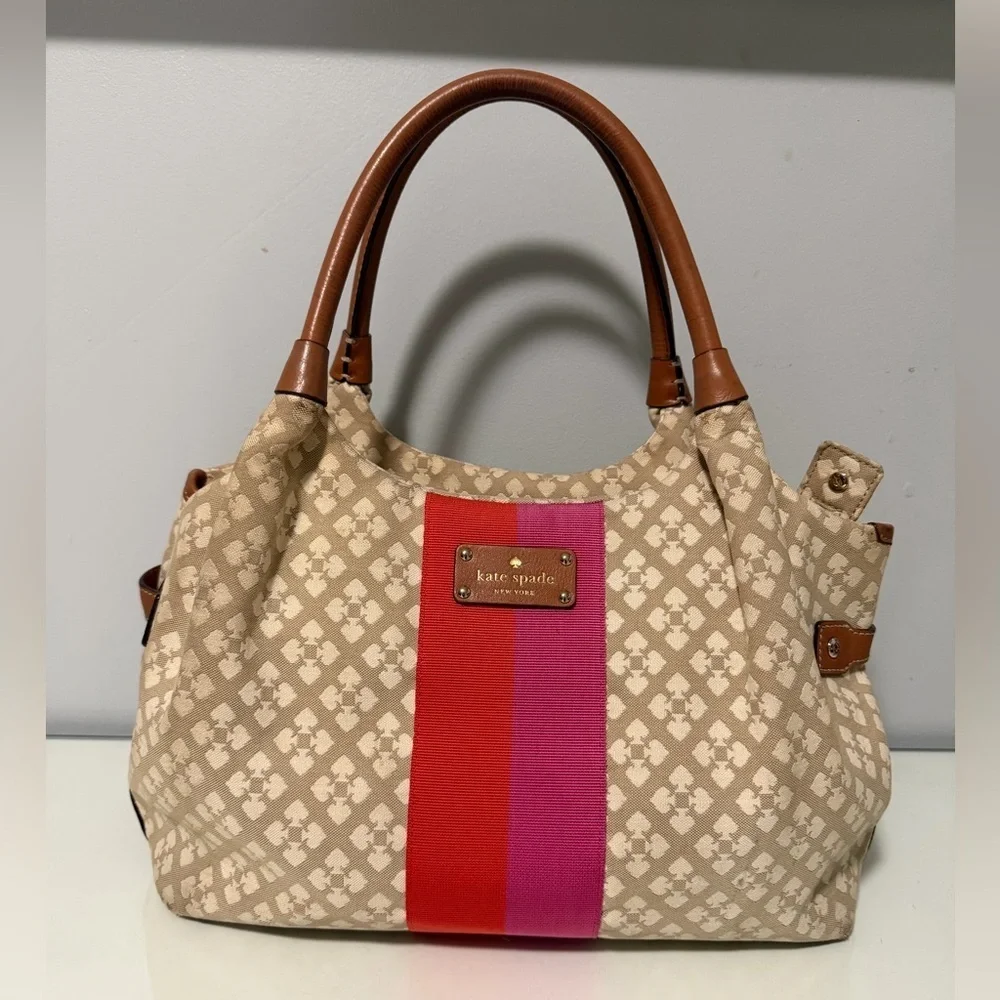 kate spade Beige Canvas Shoulder Bag with Red and Pink Stripe